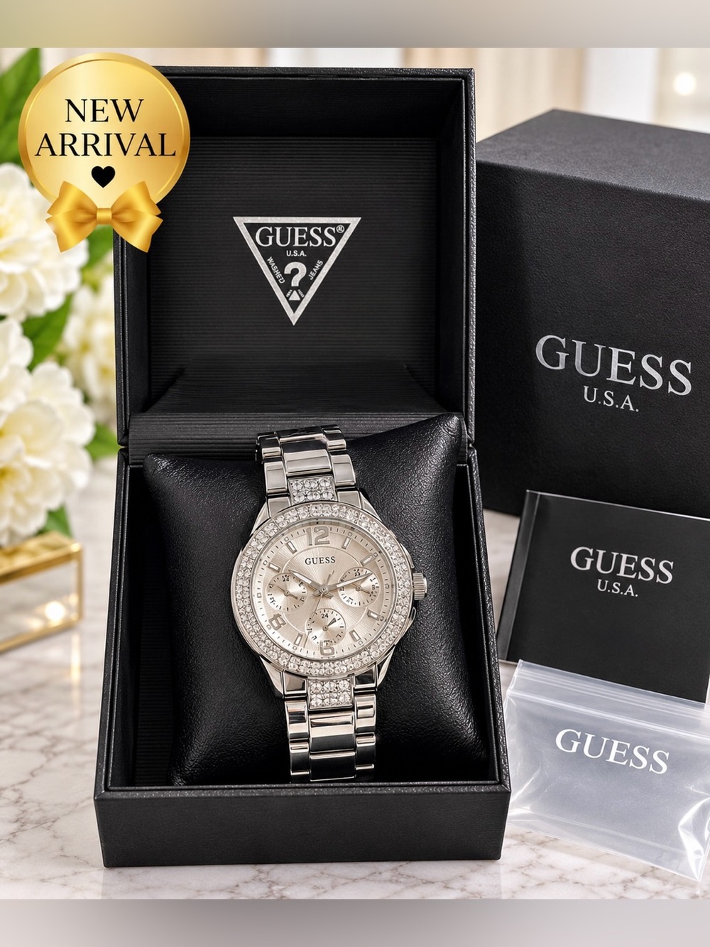 ⌚ GUESS Silver-Tone Crystal Chronograph Watch ⌚️